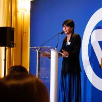 President Mantella shares remarks in front of the GVSU backdrop